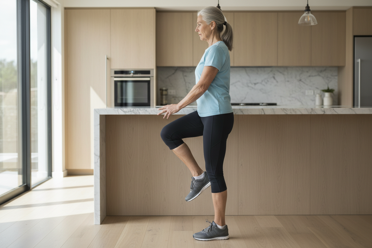 Have that person holding onto a stable kitchen countertop doing a bilateral calf raise