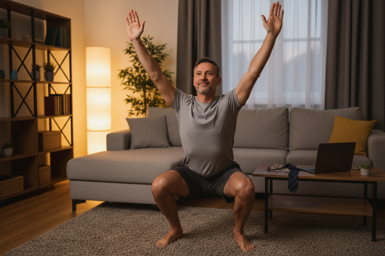 a middle aged office worker doing a squat exercise with his arms overhead in the comfort of his own home after a long day of working at a computer