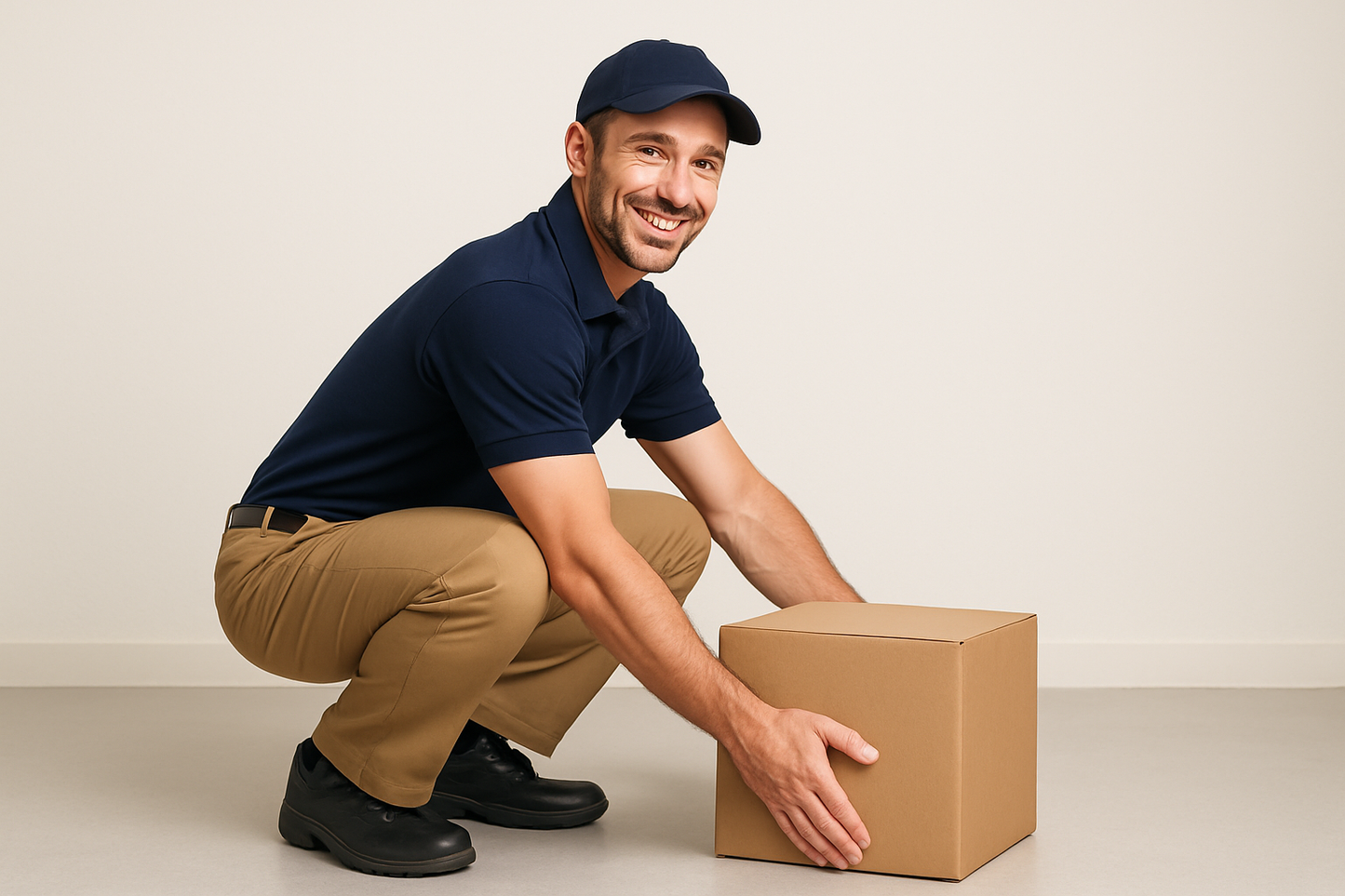 a picture of a dlivery man squatting with proper body mechanics to lift an item smiling