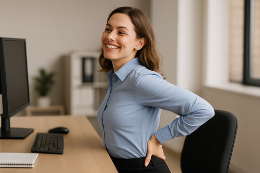 Office worker doing an trunk extension exercise in the office smiling